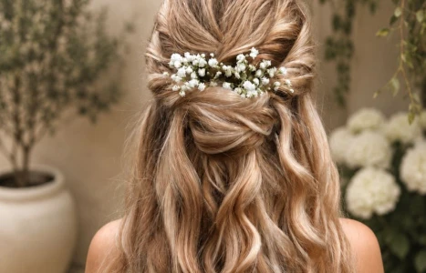 Lange gewellte blonde Haare mit einer kleinen weißen Blumenkranzdeko im Oberkopf