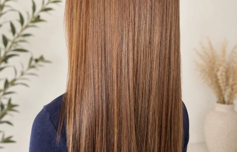 Langes braunes glattes Haar im Studio vor einem trockengewachsenen Blumenstrauß